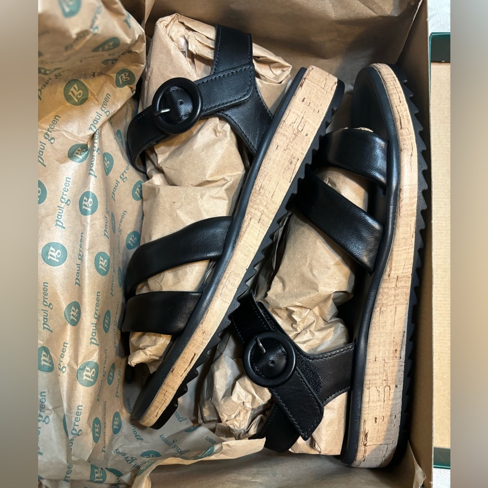 Black leather Sandals. Never Worn, in Box
